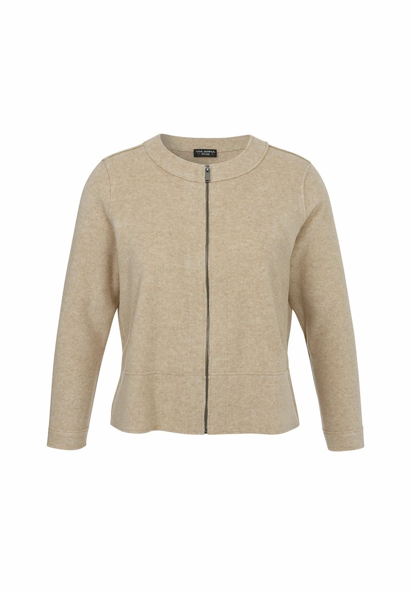 Beige damesjacket met lange mouwen, ronde kraag en centrale rits, gemaakt van zachte textuurstof, in een relaxed fit.