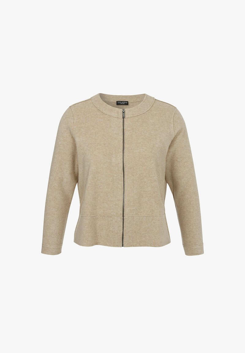 Beige damesjacket met lange mouwen, ronde kraag en centrale rits, gemaakt van zachte textuurstof, in een relaxed fit.