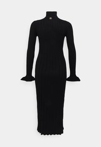 Černé žebrované pletené šaty s dlouhými rukávy a vysokým límečkem, s rozšířenými manžetami a logem na zadní straně.