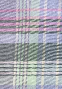 Woven fabric featuring a plaid pattern with shades of blue, green, pink, and white. Smooth texture with diagonal and horizontal stripes.