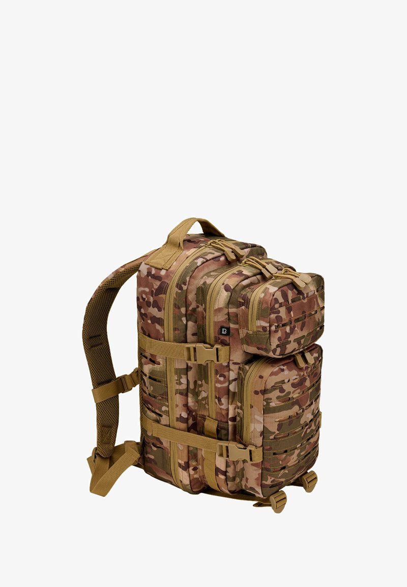 Kaukių rašto kuprinė su daugybe skyrių, audinio diržais ir sagtimis. Savybės, tokios kaip tinklinis paminkštinimas ant diržų, užtikrina komfortą.