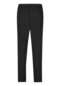 Pantalon noir en tissu lisse, avec une taille élastique, coupe slim et une poche arrière unique. Design minimaliste sans motifs.