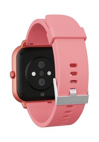 Montre connectée avec un cadran carré noir, des accents en or rose et un bracelet en silicone rose. Présente trois capteurs au dos et une boucle en argent.