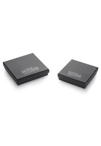 Two black rectangular boxes with lift-off lids, featuring a silver logo "TRUE REBELS!" on the top surface. Textured matte finish.