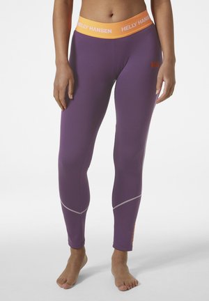 Paarse fitnessleggings met een oranje tailleband, gemaakt van een gestructureerd materiaal en voorzien van reflecterende accenten langs de benen. Merkl logo zichtbaar.