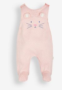 Rosa Punkte Babystrampler mit einem Katzenkopf-Design und Ohren, bestickten Schnurrhaaren und Rundhalsausschnitt. Weicher, dehnbarer Stoff.