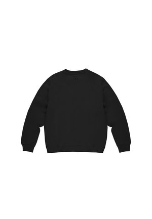 Czarna bluza z długim rękawem i okrągłym dekoltem, rozłożona na płasko, pokazująca tył, z prążkowanymi ściągaczami na mankietach i dole.