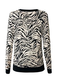 Strickpullover mit Zebra-Streifenmuster in Schwarz auf cremefarbenem Hintergrund, mit schwarzem geripptem Ausschnitt und Bündchen.