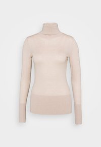 Hellbeige Rollkragenpullover mit langen Ärmeln, figurbetonter Passform, weichem Material, gerippten Bündchen und glatter Oberfläche.