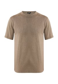 T-shirt marrone a maniche corte con collo rotondo. Realizzato in un tessuto morbido e testurizzato, presenta un design semplice e le maniche a risvolto.