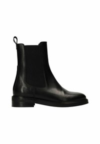 Stivali Chelsea in pelle nera con pannelli elasticizzati laterali, punta tonda e maniglia. Presentano un tacco basso e impilato e una texture liscia.