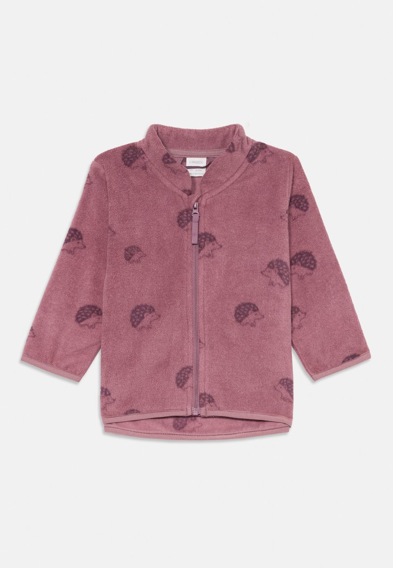 Fleecejacke in staubigem Pink, mit Reißverschluss vorne, Mandarin-Kragen und einem Igel-Muster. Lange Ärmel und weich im Griff.