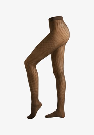 Collants en résille bruns avec un motif géométrique en losanges, fabriqués à partir d'un matériau transparent, présentant une taille lisse et un design avec pieds.