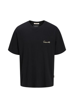 T-shirt en coton noir avec une coupe décontractée et un col rond. Présente un petit logo doré "Originals" sur la poitrine. Texture douce.