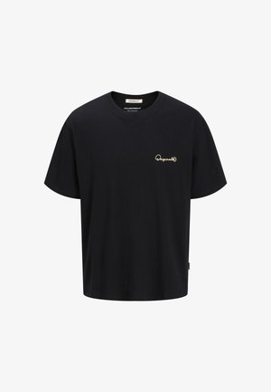 T-shirt en coton noir avec une coupe décontractée et un col rond. Présente un petit logo doré "Originals" sur la poitrine. Texture douce.