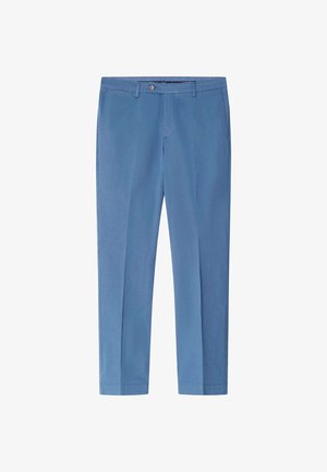 Lichtblauwe katoenen broek met een vlakke voorkant, knoopsluiting en zijzakken. Heeft een gestroomlijnd ontwerp en rechte pijpen.