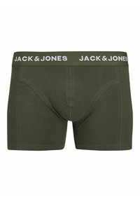 Boxer-briefs en coton vert olive avec une ceinture élastique blanche portant l'inscription "JACK & JONES". Présente une coupe ajustée et des détails de couture.