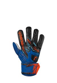 Guanto da portiere con un design nero e blu, dotato di accentuazioni testurizzate e marchio arancione. Dettaglio notevole è il cinturino per il polso sicuro.