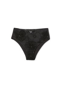 Slip da bikini a vita alta nera con ricami floreali in un materiale trasparente. Texture liscia con una vestibilità aderente. Senza hardware visibile.