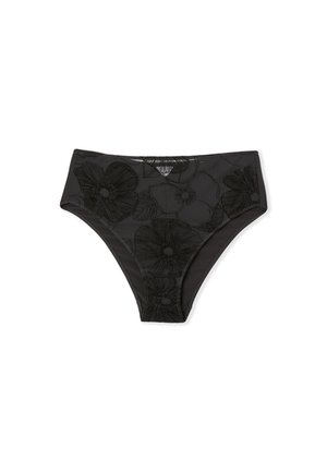 Bañador de bikini negro de cintura alta con bordado floral en un material translúcido. Textura suave y ajuste ceñido. Sin elementos metálicos visibles.