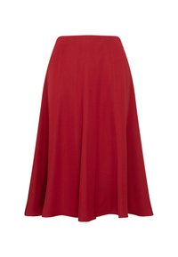 Jupe midi rouge avec taille haute et ourlet évasé, présentée sur fond blanc uni.