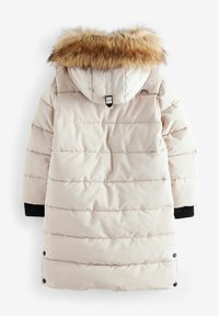 Gepolsterte cremefarbene Parka mit einer mit Fell gefütterten Kapuze, gerippten Bündchen und einer langen Silhouette. Verfügt über horizontale Steppung und ein Branding auf der Rückseite.
