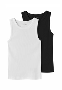 Twee stuks mouwloze tanktops in wit en zwart. Geribbelde structuur, ronde halslijnen en gestikte zoom. Zacht katoenen materiaal.