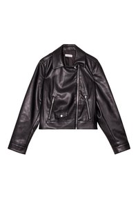 Sort cropped læderjakke med spids krave, lynlås foran, to lynlåslommer og en knapdetalje på lommen. Glat tekstur.