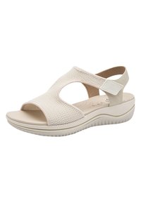 Sandal beige chiaro con tomaia in rete traspirante, design aperto nella parte anteriore, cinturino posteriore regolabile e suola imbottita con motivo testurizzato.