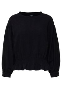 Top da donna nera con maniche a palloncino, tessuto testurizzato e vita arricciata. Presenta un colletto rotondo e polsini aderenti.