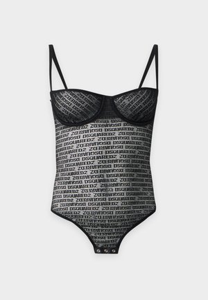 Body en maille noire avec fines bretelles, bonnets à armatures et motif de texte "DSQUARED2" partout, avec des boutons-pression à l’entrejambe.