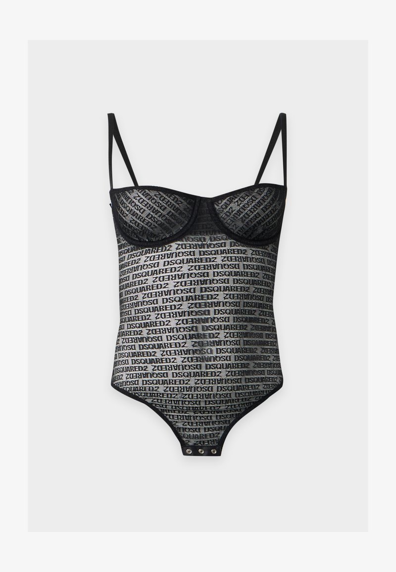 Body en maille noire avec fines bretelles, bonnets à armatures et motif de texte "DSQUARED2" partout, avec des boutons-pression à l’entrejambe.