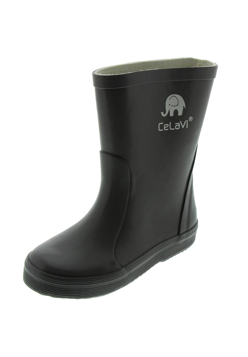 Botte de pluie en caoutchouc noir avec une semelle texturée et une doublure intérieure grise. Présente un logo d'éléphant sur le côté.