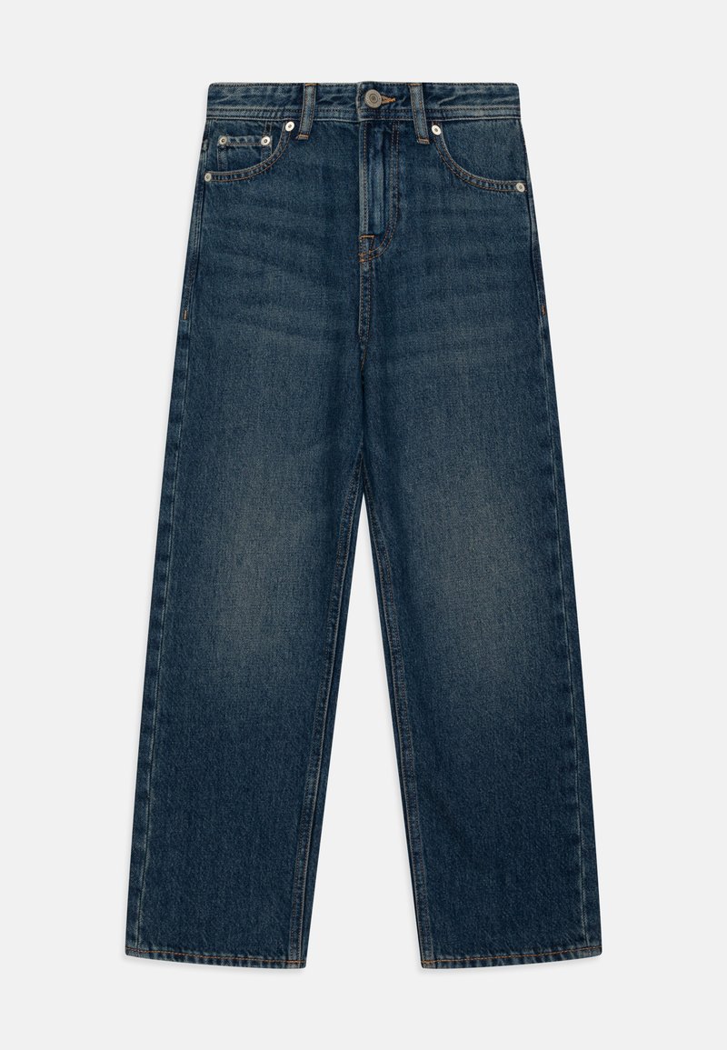 Pantalons en denim de couleur bleu foncé, coupe large, poches avant et fermeture à bouton en métal avec des accents de couture.