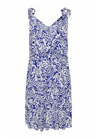 Blå och vit blommönstrad klänning med tunna axelband, V-halsringning och rynkad elastisk midja; lätt tyg, lagerdesign.
