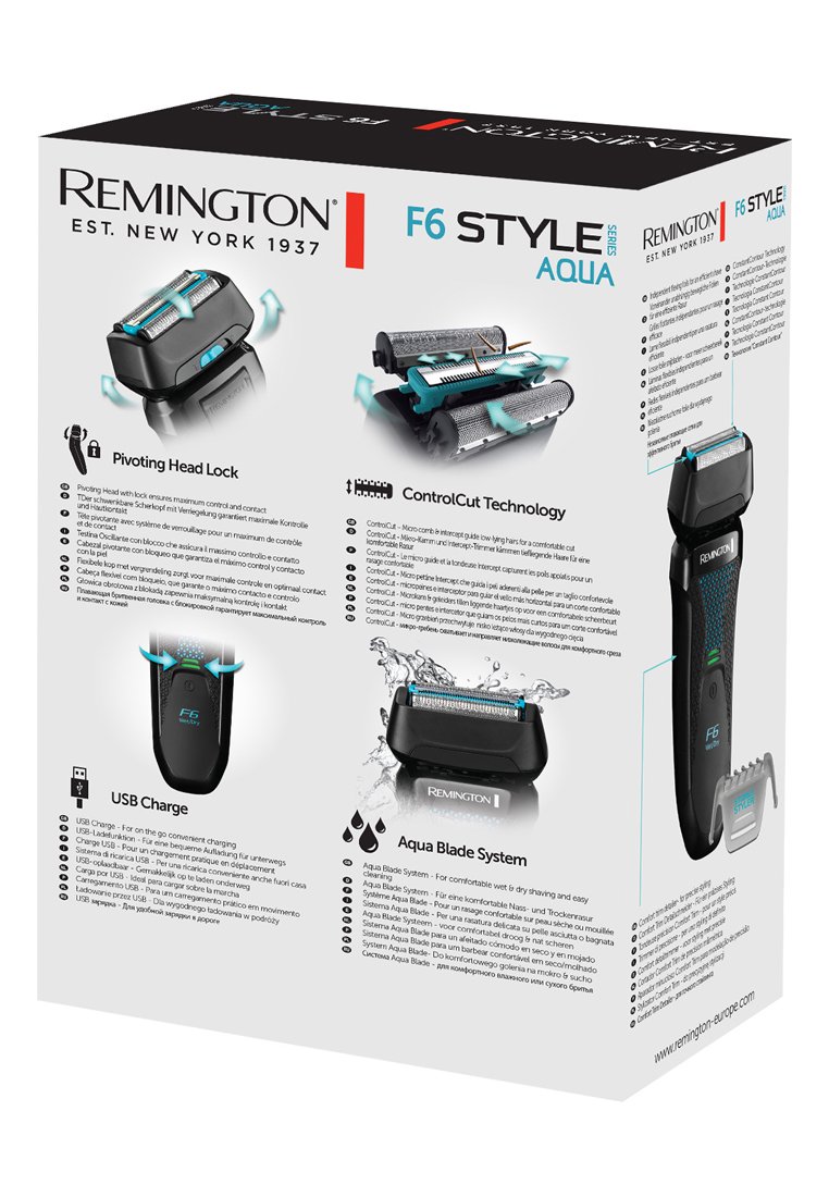 La afeitadora Remington F6 Style Aqua presenta un cuerpo de plástico negro con acentos azules, cabezal pivotante, opción de carga por USB y un sistema Aqua Blade para uso en húmedo/seco.