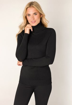 Black turtleneck sweater made of smooth knit fabric, featuring long sleeves and ribbed accents at the collar and hem.
