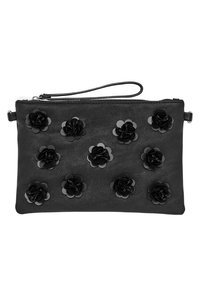 Black leather clutch with a textured finish, featuring ten black floral embellishments and a wrist strap. Zipper closure at the top.