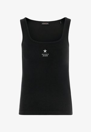 Črna rebrasta majica brez rokavov z širokimi naramnicami, ki ima na sprednji strani pod belo zvezdo napis "GUESS JEANS". Mehka tekstura tkanine.