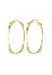 Náušnice ve zlatém tónu v obdélníkovém tvaru s lesklým povrchem, disponující bezšvovým závěsem a otevřeným tvarem pro lehké nošení.