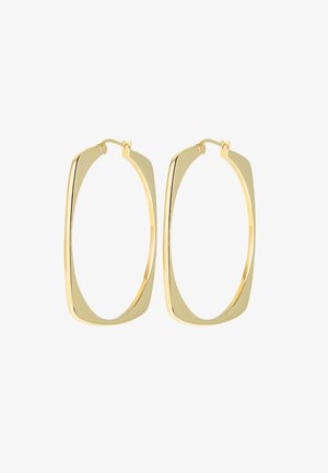 Goldfarbene rechteckige Creolen mit polierter Oberfläche, die ein nahtloses Scharnierdesign und eine offene Form für ein angenehmes Tragegefühl bieten.