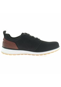 Black athletic shoe with mesh upper, brown leather accent at heel, gray laces, white midsole, and rubber outsole with grip patterns.