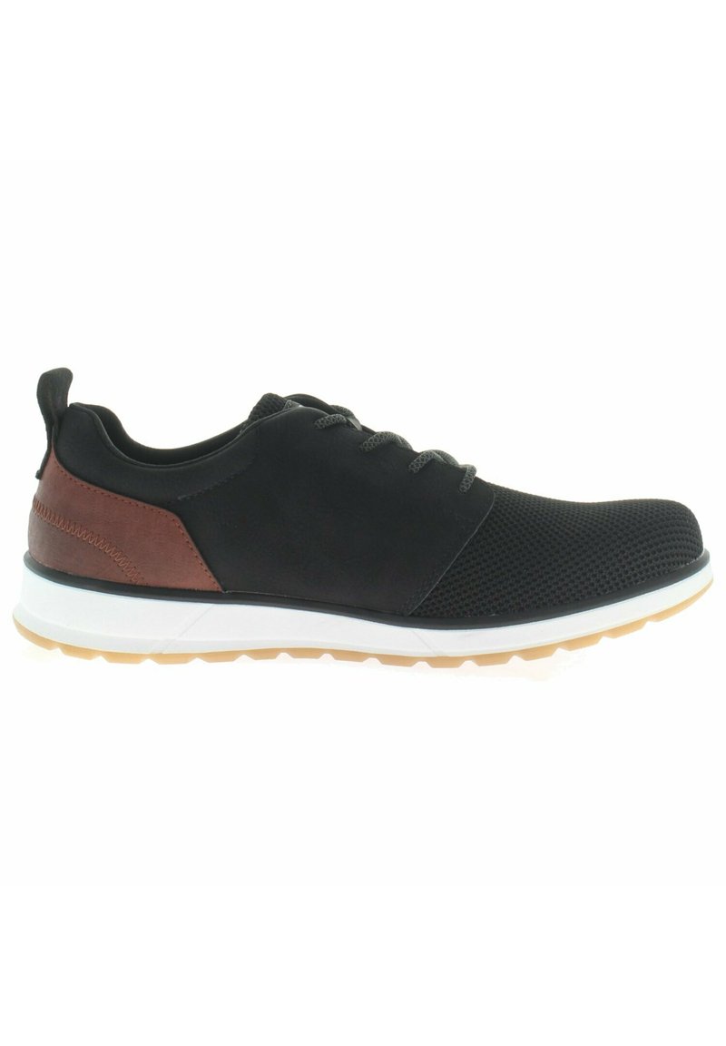 Black athletic shoe with mesh upper, brown leather accent at heel, gray laces, white midsole, and rubber outsole with grip patterns.