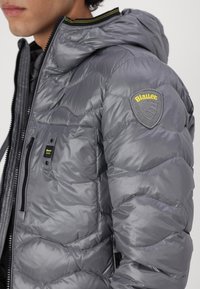 Grau aufgeplusterte Jacke mit Kapuze, ausgestattet mit einem gesteppten Design, Reißverschlusstaschen und einem Logopatch auf der Schulter. Das Material ist glänzend und voluminös.