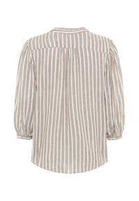 Beige-weiße, langärmlige Bluse mit vertikalen Streifen, Knopfmanschetten und einem gerafften Passe-Detail im oberen Rückenbereich.