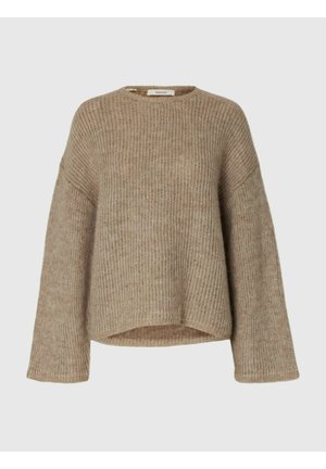 Pull beige en maille à manches longues avec un col rond, une coupe décontractée et un ourlet arrière légèrement plus long.
