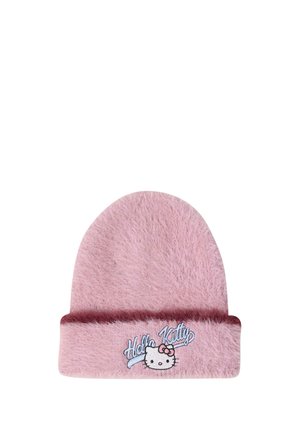 Pink fluffy hue med en opbrettet kant broderet med teksten "Hello Kitty" og et Hello Kitty ansigt med en sløjfe.