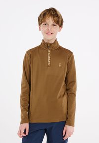 Bruine, langermige, zip-up top met een hoge kraag en een logo detail op de borst. Gladde textuur, ontworpen voor comfort en om te lagen.