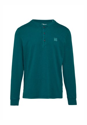 Koszulka henley z długim rękawem w kolorze turkusowym, wykonana z miękkiego materiału, z zapięciem na guziki oraz małym logo na piersi.