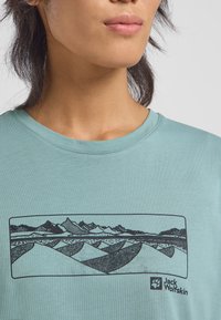 Lichtblauw t-shirt met een zwart berglandschap graphic over de borst, voorzien van een ronde hals en zachte textuur. Merkenlogo inbegrepen.